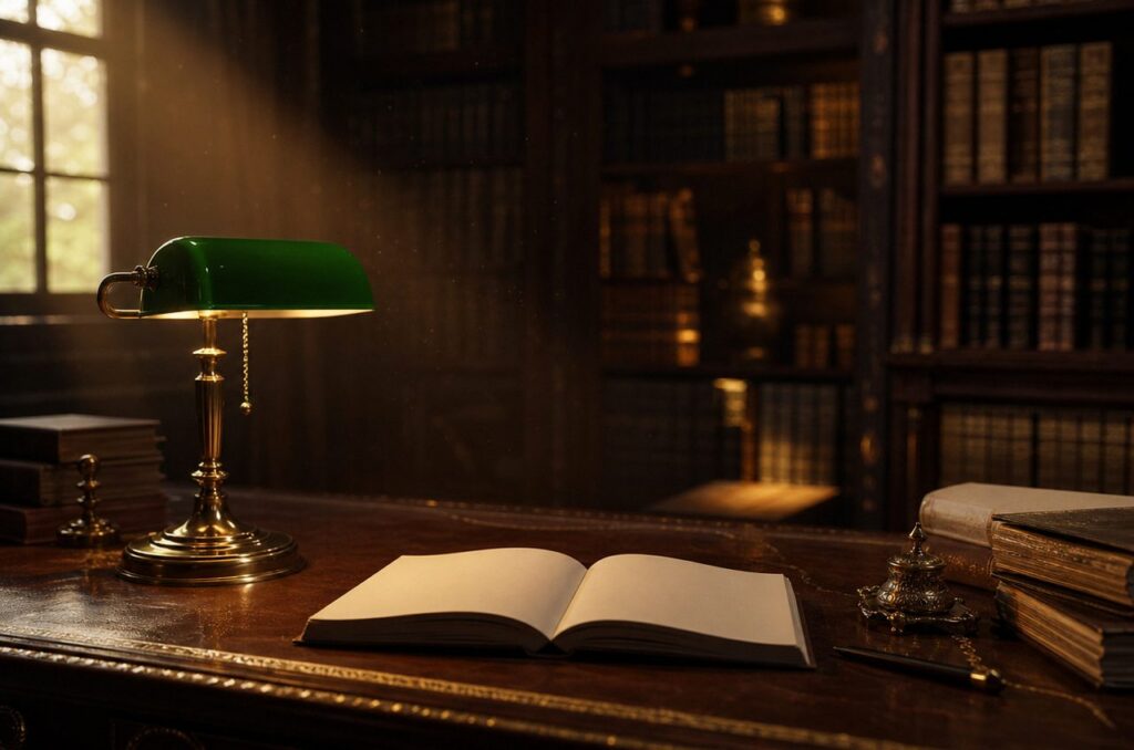 Green banker's lamp glowing on a leather-topped desk beside an open blank journal and stacked antique books