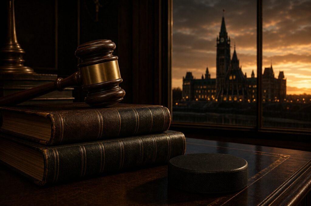 Wooden gavel with a brass band resting on two leather law books beside a hockey puck, the Parliament buildings visible through a window at dusk