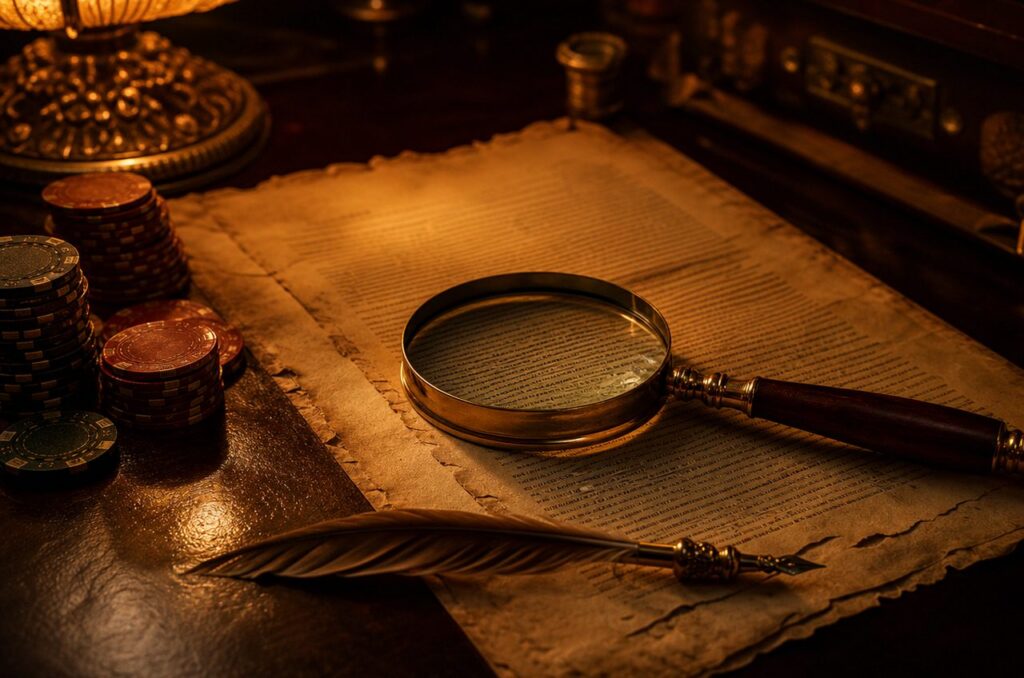 Brass magnifying glass held over a page of dense fine-print text on aged parchment, with a quill pen and poker chips nearby
