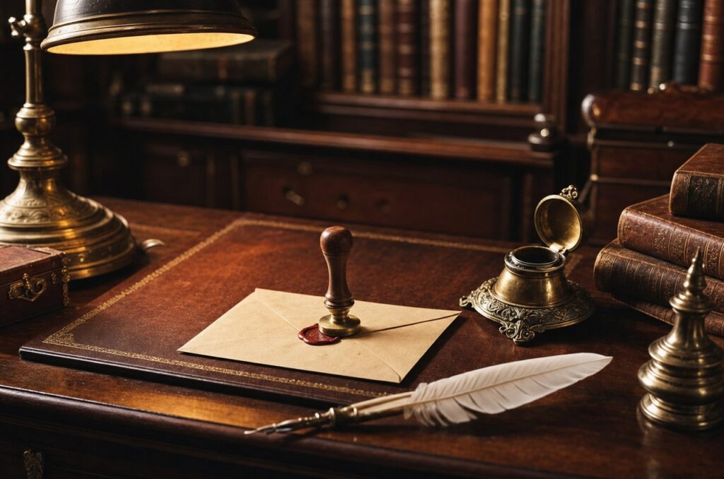Wax-seal stamp pressed onto an envelope beside an open inkwell and quill pen on a leather desk