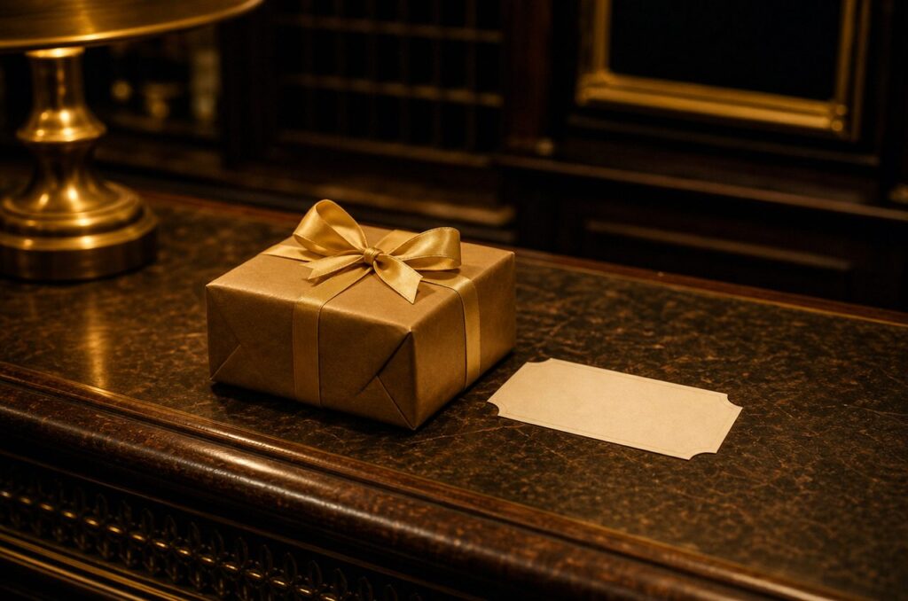Small gold-wrapped gift box with a satin bow beside a blank price tag on a dark marbled desk