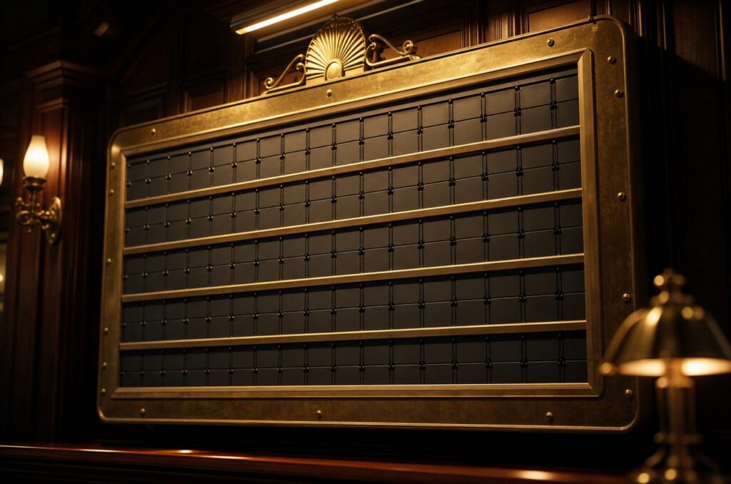 Large antique brass odds board with rows of blank flip-tiles mounted on a dark wood-panelled wall