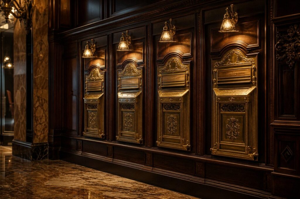Row of ornate brass wall-mounted post-office boxes along a marble-floored corridor