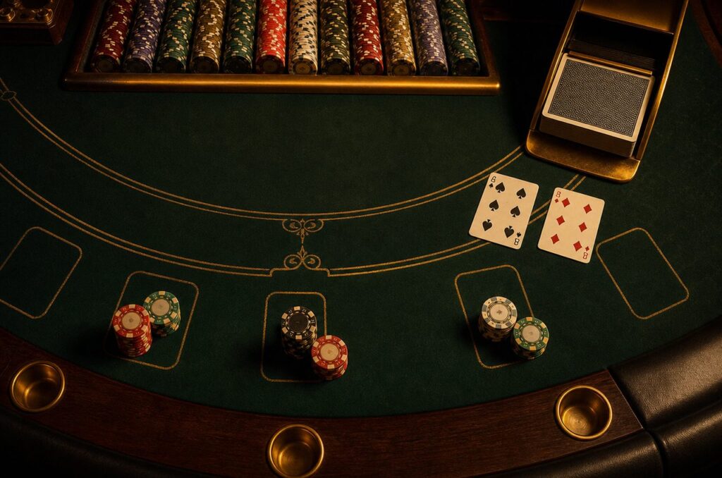 Overhead view of a green felt blackjack table with two dealt cards, stacked poker chips and a card shoe
