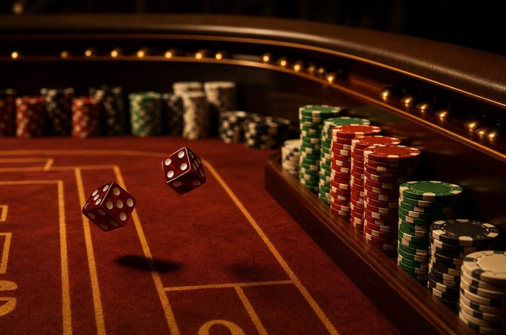 Two red dice caught mid-roll above a red felt craps table lined with stacked poker chips