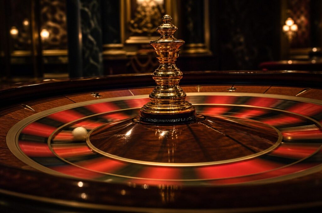 Close-up of a roulette wheel's gold centre turret with the ball spinning among the red and black pockets