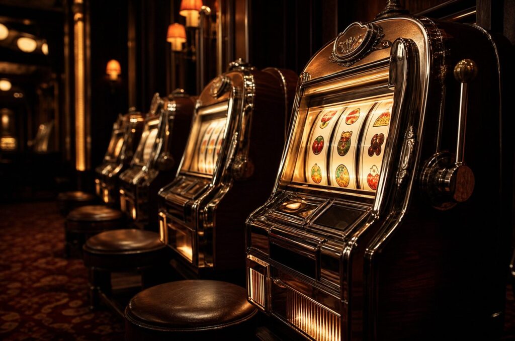 Row of vintage brass and chrome mechanical slot machines with lit fruit-symbol reels in a dim casino hall