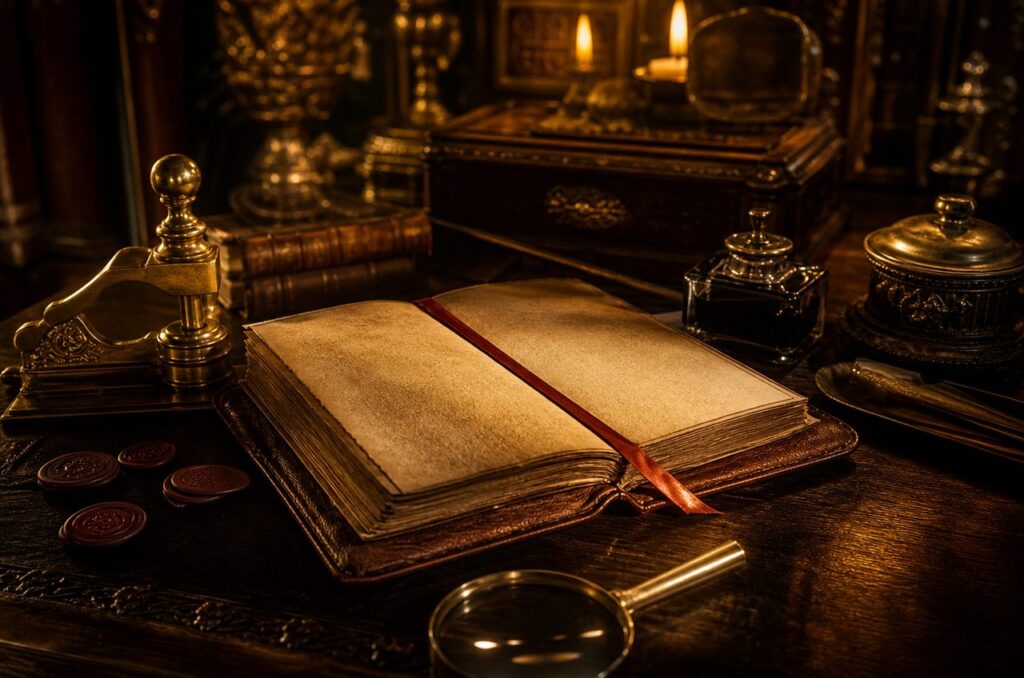 Brass magnifying glass and quill resting on an aged parchment document on a wooden desk