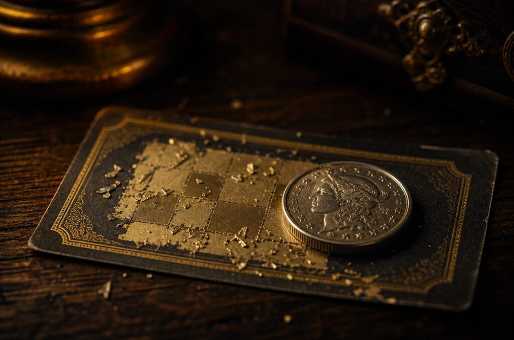 Gold coin resting on a scratched lottery ticket with metallic foil flecks scattered across it