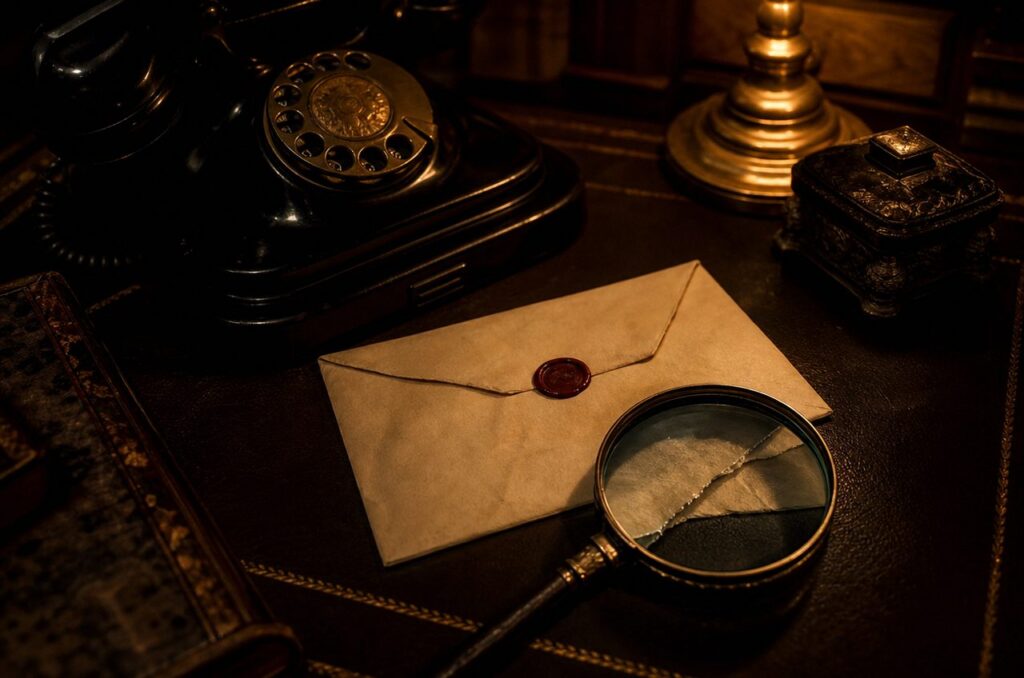 Vintage black rotary telephone beside a wax-sealed envelope and a magnifying glass on a leather desk