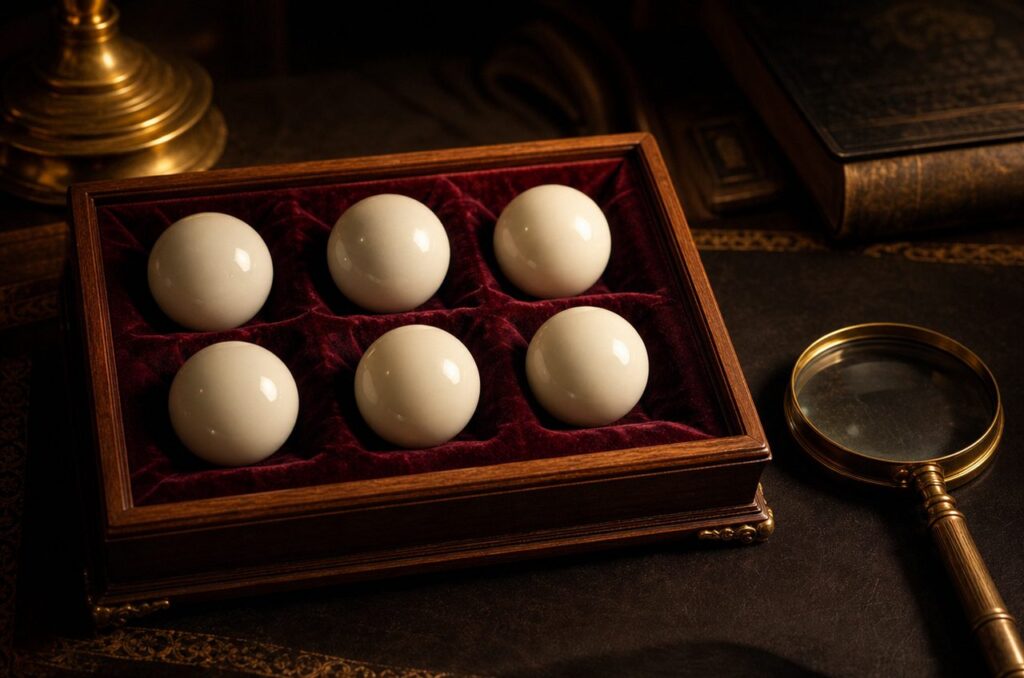 Six glossy ivory lottery balls displayed in a velvet-lined wooden presentation box