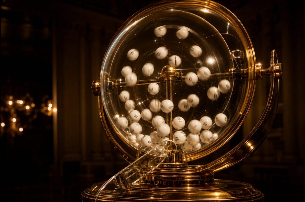 Brass lottery draw machine with numbered white balls tumbling inside its glass drum