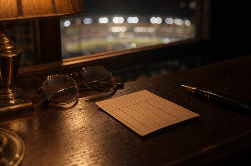 Handwritten betting ledger card, reading glasses and a fountain pen on a wooden desk overlooking a floodlit stadium at night