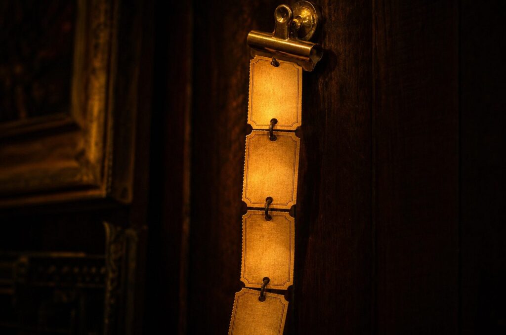 Chain of blank ticket stubs linked together and clipped to a dark wood-panelled wall
