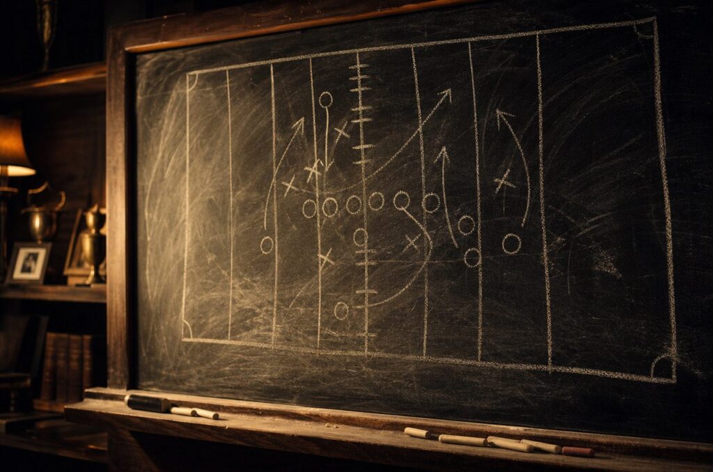 Chalk-drawn football play diagram on an old chalkboard beside trophies on a shelf