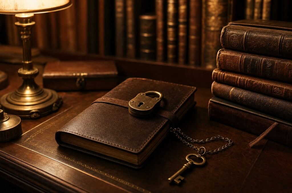 Locked brown leather journal secured with a brass padlock and key on a chain, stacked antique books beside it