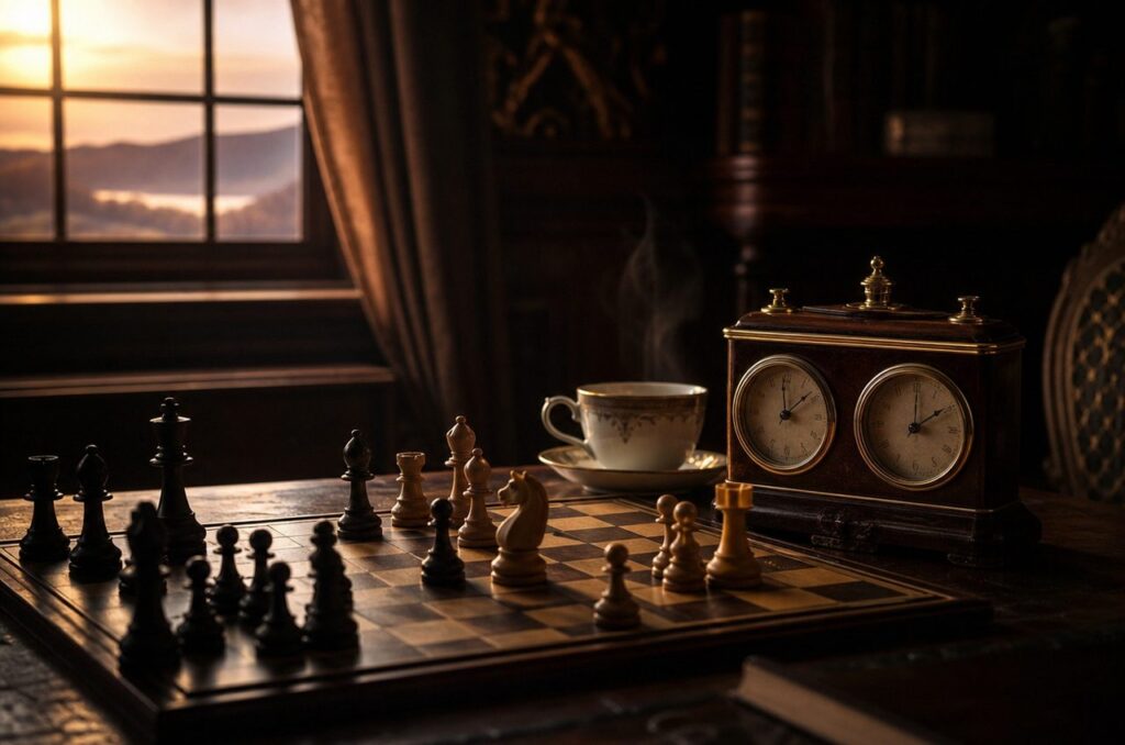 Antique chess set mid-game beside a dual-dial mantel clock and a steaming teacup, sunrise glowing through a window