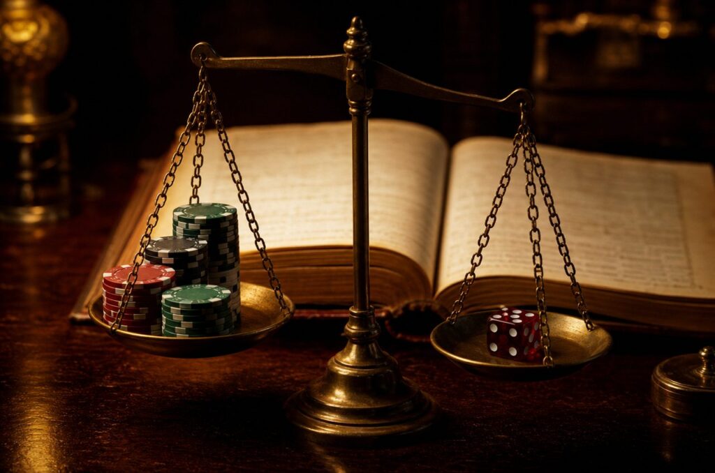 Brass balance scale weighing a stack of casino chips against a single red die, in front of an open ledger book