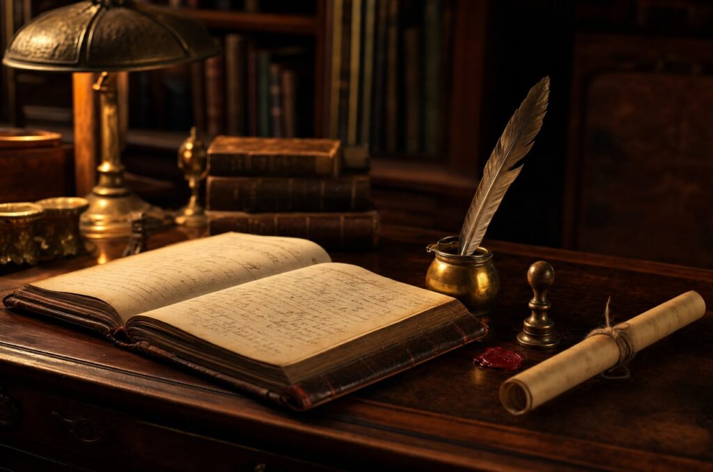 Open handwritten leather ledger book beside a quill inkwell, wax seal and a rolled parchment scroll tied with string