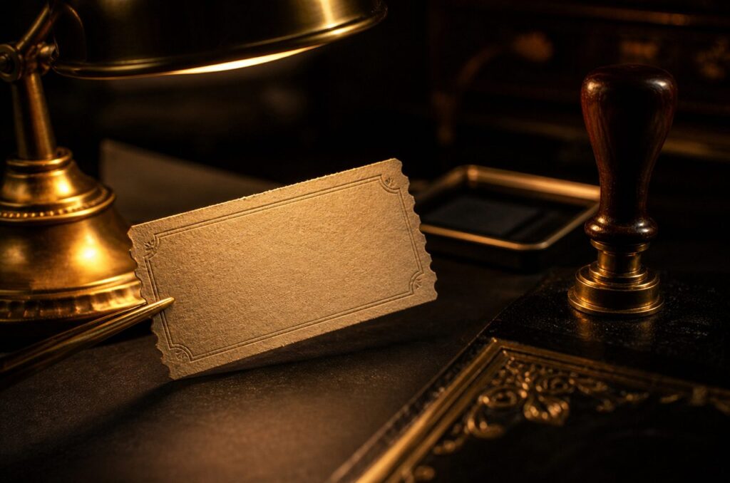 Blank ticket stub standing upright beside a wax-seal stamp and ink pad on a leather desk
