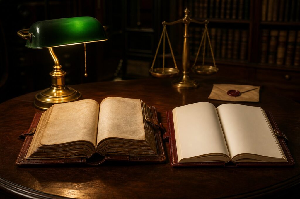 Two open leather ledger books side by side on a dark wood desk, one worn and full and one new and blank, beside a green banker's lamp and a brass balance scale
